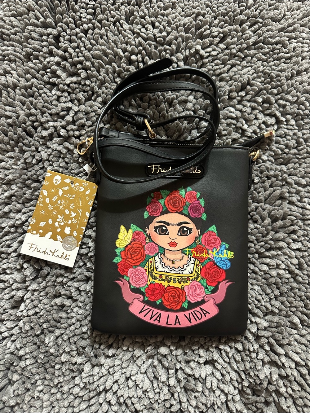 Frida Kahlo Black Viva La Vida Crossbody Bag